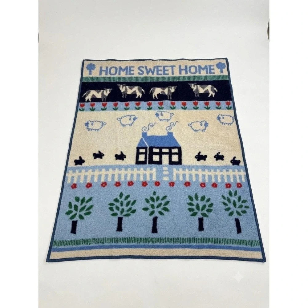 VTG Crown Crafts Home Sweet Home Blanket Farmhouse Acrylic Throw 80s Cow Sheep